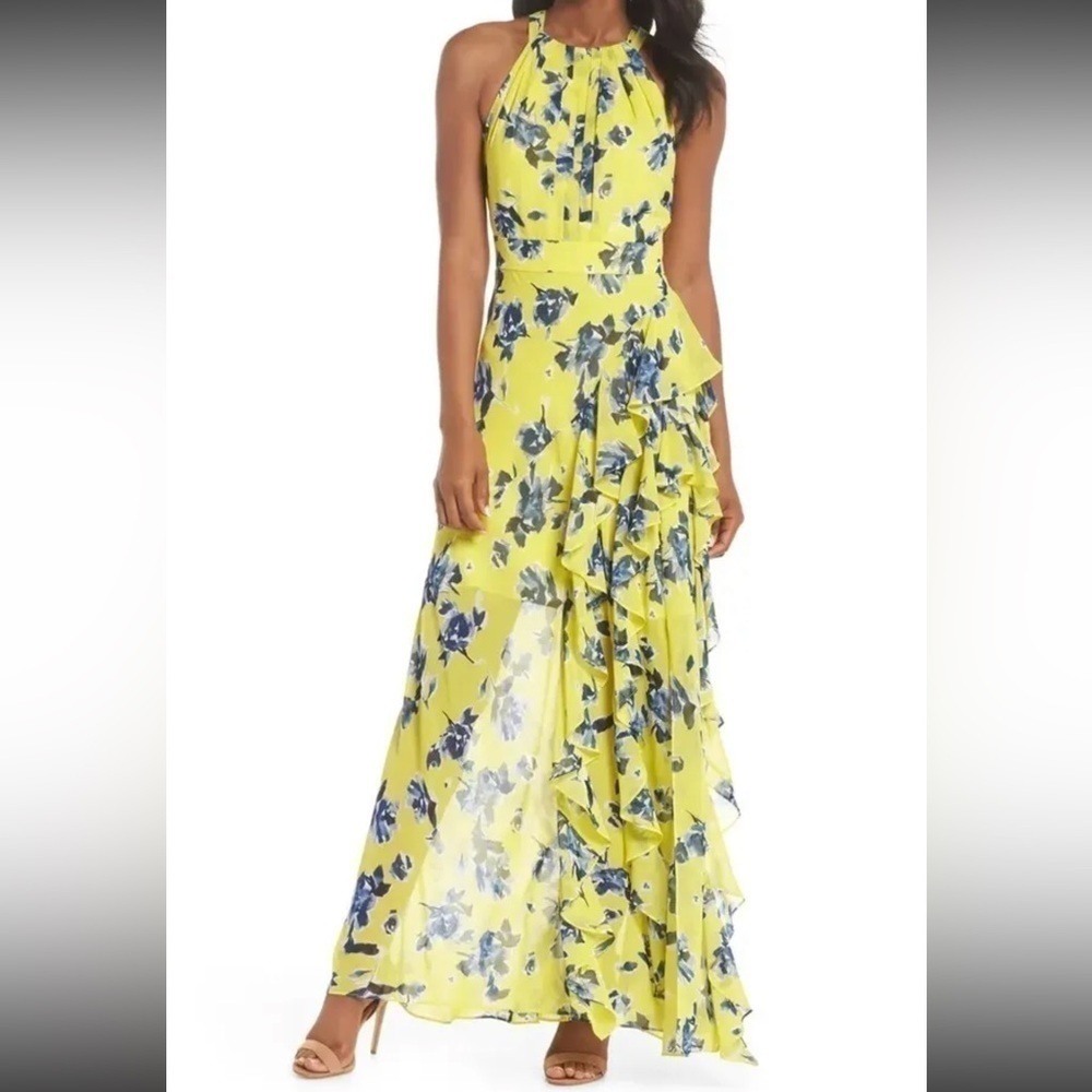 Eliza J Yellow and Blue Floral Maxi Dress